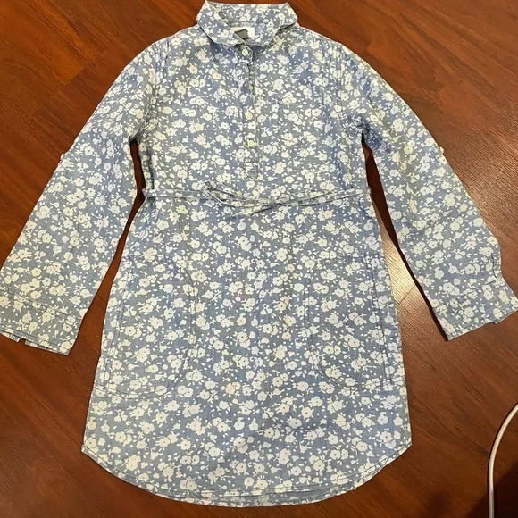 Girl Old Navy floral shirt dress button down tie waist long sleeve cotton size M - Picture 2 of 10
